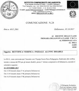 COMUNICAZIONE 24 - RETTIFICA VERIFICA INIZIALE ALUNNI DISABILI